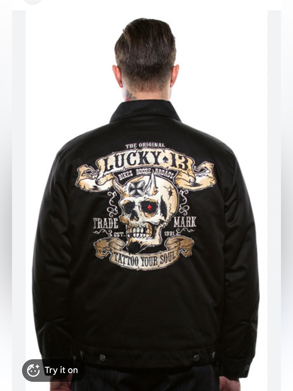Lucky 13 Jacket Mens 2XL Black Zip-Up Bikes Booze Broads Tattoo Your Soul Skull